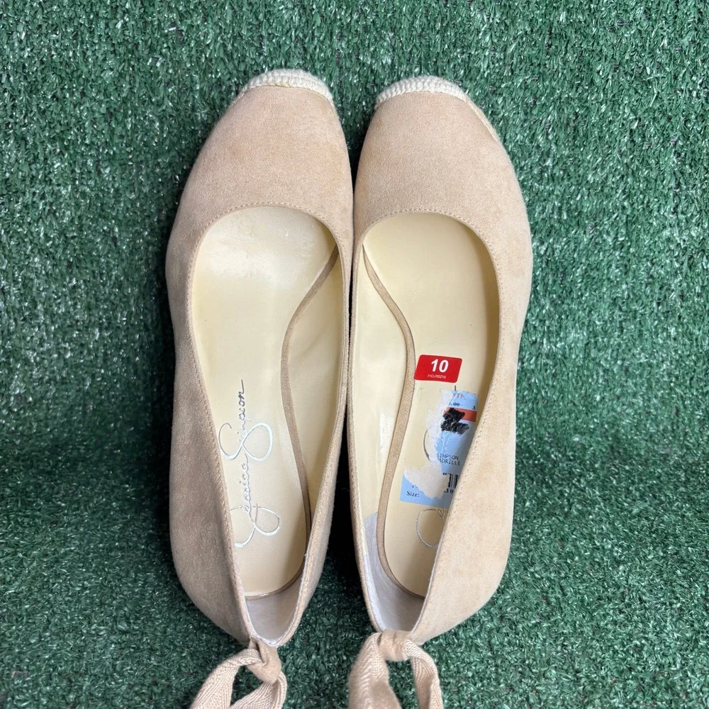 NEW Jessica Simpson Suede Ankle Tie Boho Espadrille Wedge Sandals Tan Womens 10M